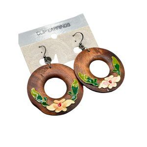 Vintage Statement Earrings Wood Rings w Cloisonne Flowers Sterling Silver Hooks